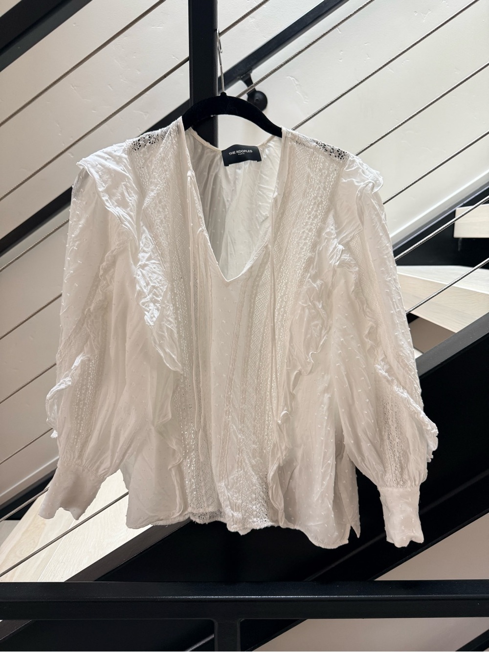 The Kooples White Ruffled Pintuck V-Neck Blouse